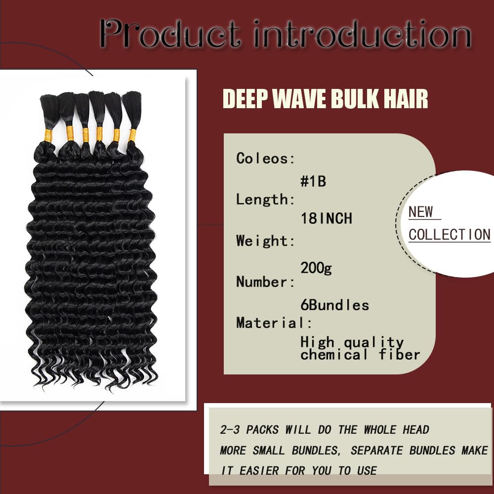 Cabello ondulado profundo a granel para trenzar de 18 pulgadas, 6 paquetes de 7.05 oz, cabello trenzado rizado negro natural para trenzas bohemias, sin trama, extensiones de cabello trenzado húmedo y 2