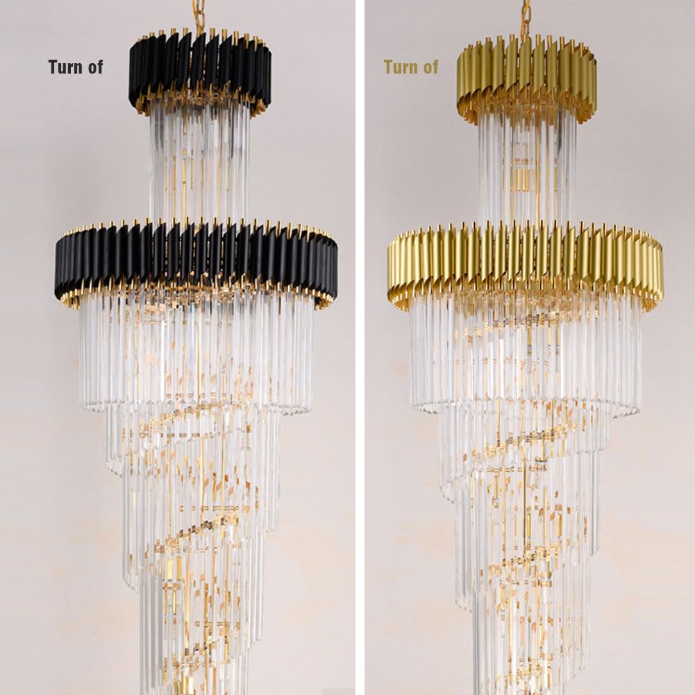Lampadario Moderno in Cristallo per Scale - Lussuosa Lampada a Sospensione Regolabile per soffitti Alti, Lampadina E12, Finitura Oro/Nera, Lunghezza 51"/59"/67", Villa Spiral (diam