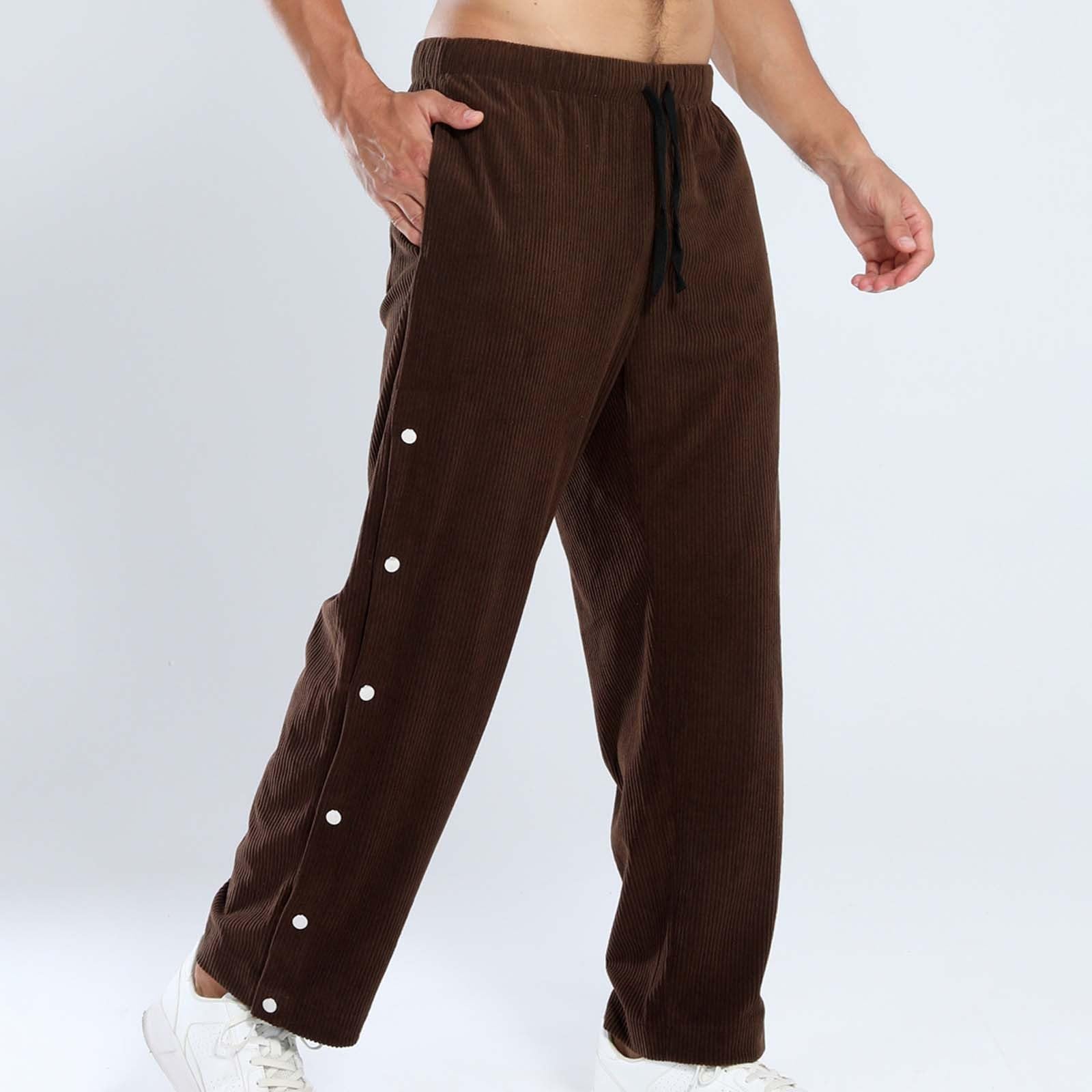Pantaloni da jogging da uomo in velluto a coste, con bottoni laterali, casual, elasticizzati, con elastico in vita, con coulisse, per il tempo libero