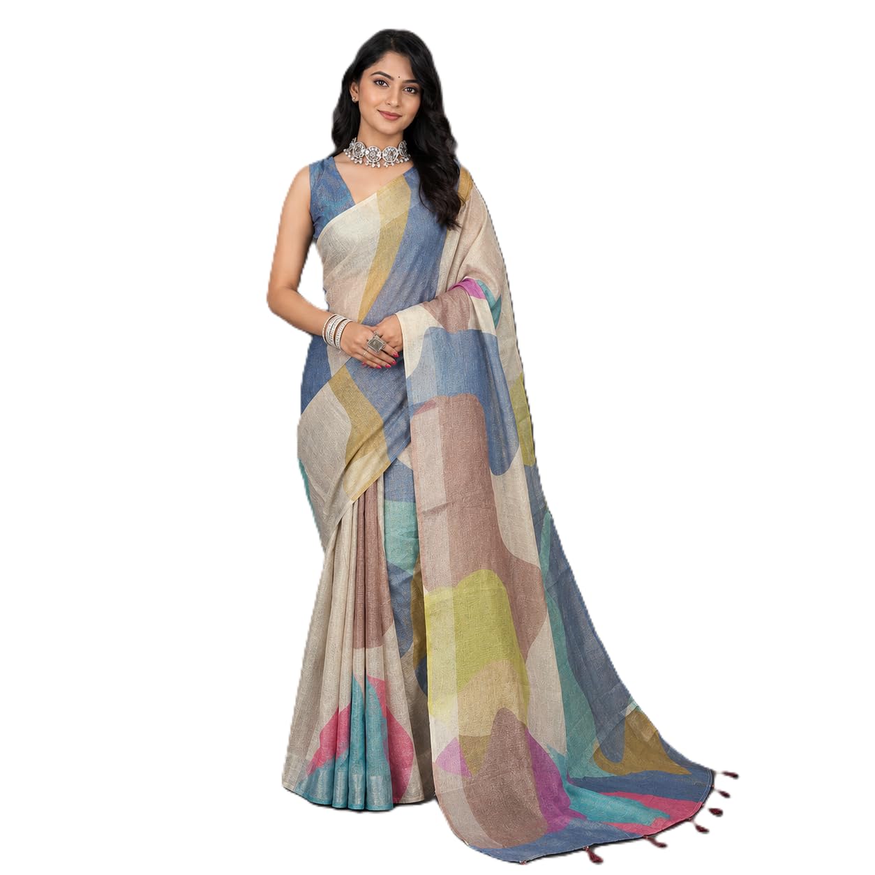 saiyamori Women's Cotton Linen Saree with Geometric Abstract Print & Tassels-picture-50