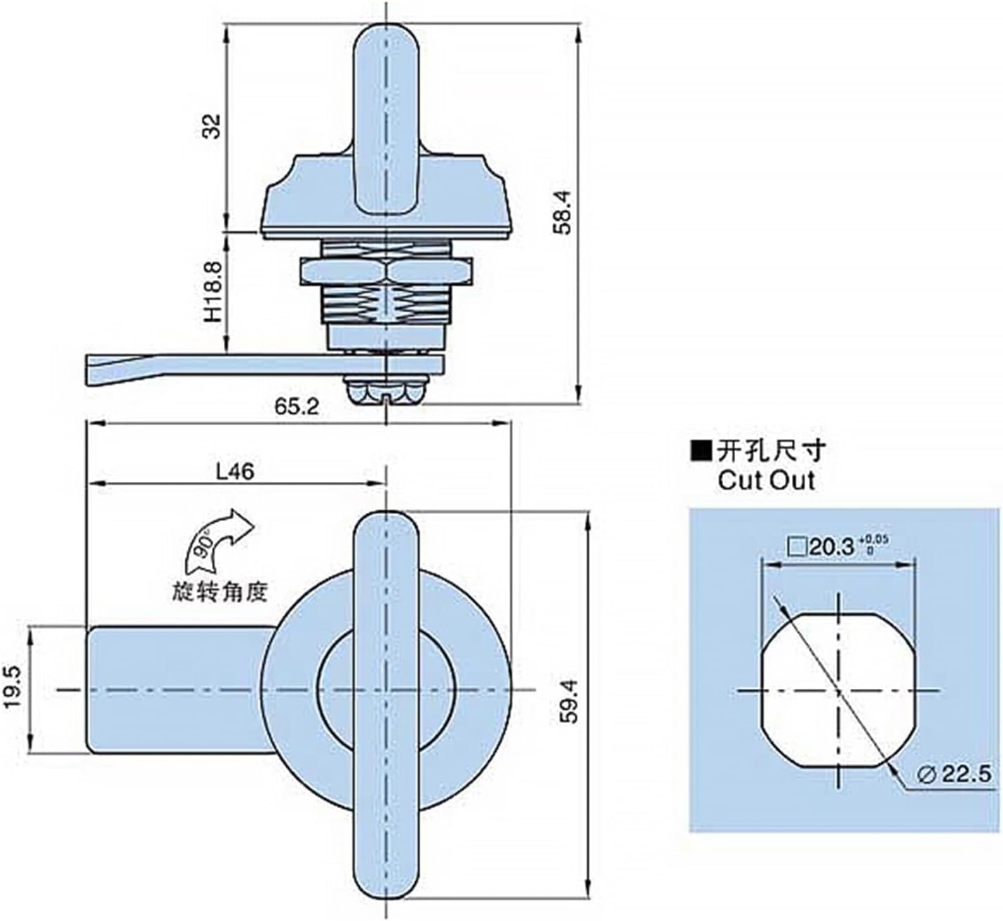 MS431 Zinc Alloy Quarter Turn Sliding Electric Panel Key Cam Lock 1Pcs