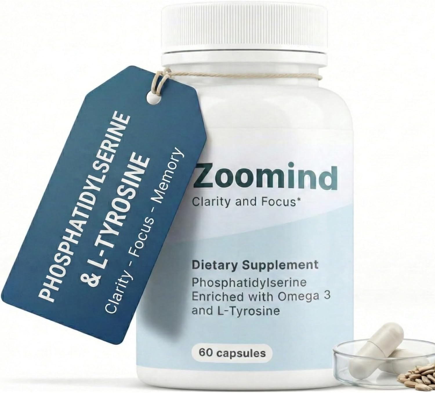 Zoomind Brain Supplements for Focus and Clarity, Brain Health with Omega-3, Phosphatidylserine (PS), and L-Tyrosine. Supports Healthy Brain Function, 60 Capsules