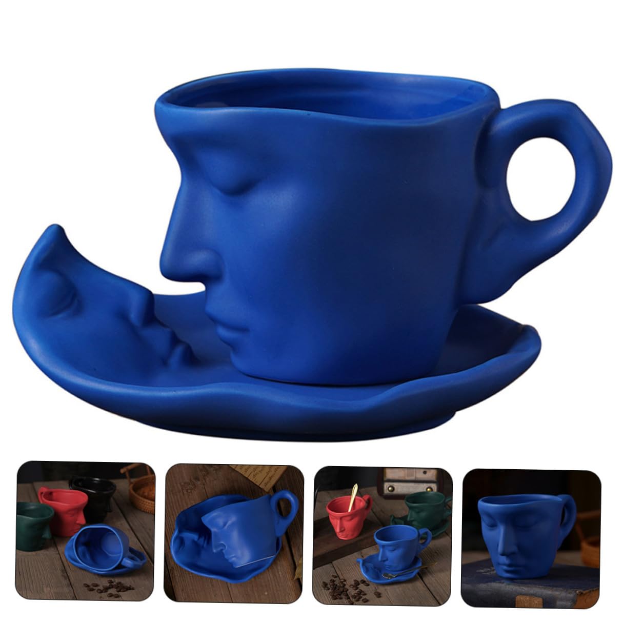 SEWACC Tasse à Café en Céramique 260 Ml avec Soucoupe Design Abstrait Visage Artistique Finition Mate Bleu Pastel Ensemble 1 Pièce pour Café Thé Lait – Présent Anniversaire Couples