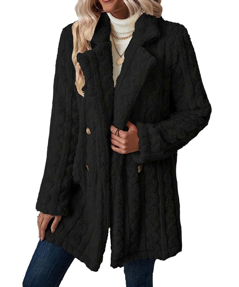 Femmes Manteaux en Peluche Long Patte Boutonnage Chaud Vêtements D’extérieur avec Poche Polaire Manteau Femme Hiver