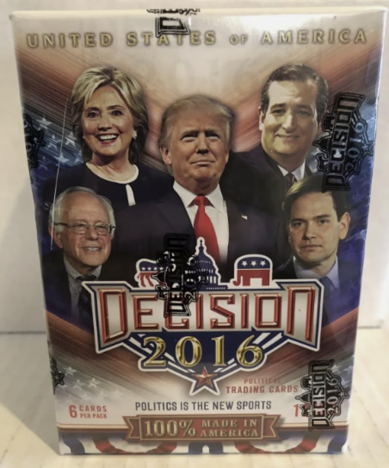 Decision 2016 United States of America Factory Sealed Blaster Box 12 Packs of 6 Cards. Look for possible Donald Trump Under Fire. Subset Cards. Collect the 110 Card Set. Look for randomly inserted Candidate Cut Signatures such as Donald Trump, Hillary Clinton, Bernie Sanders and More.