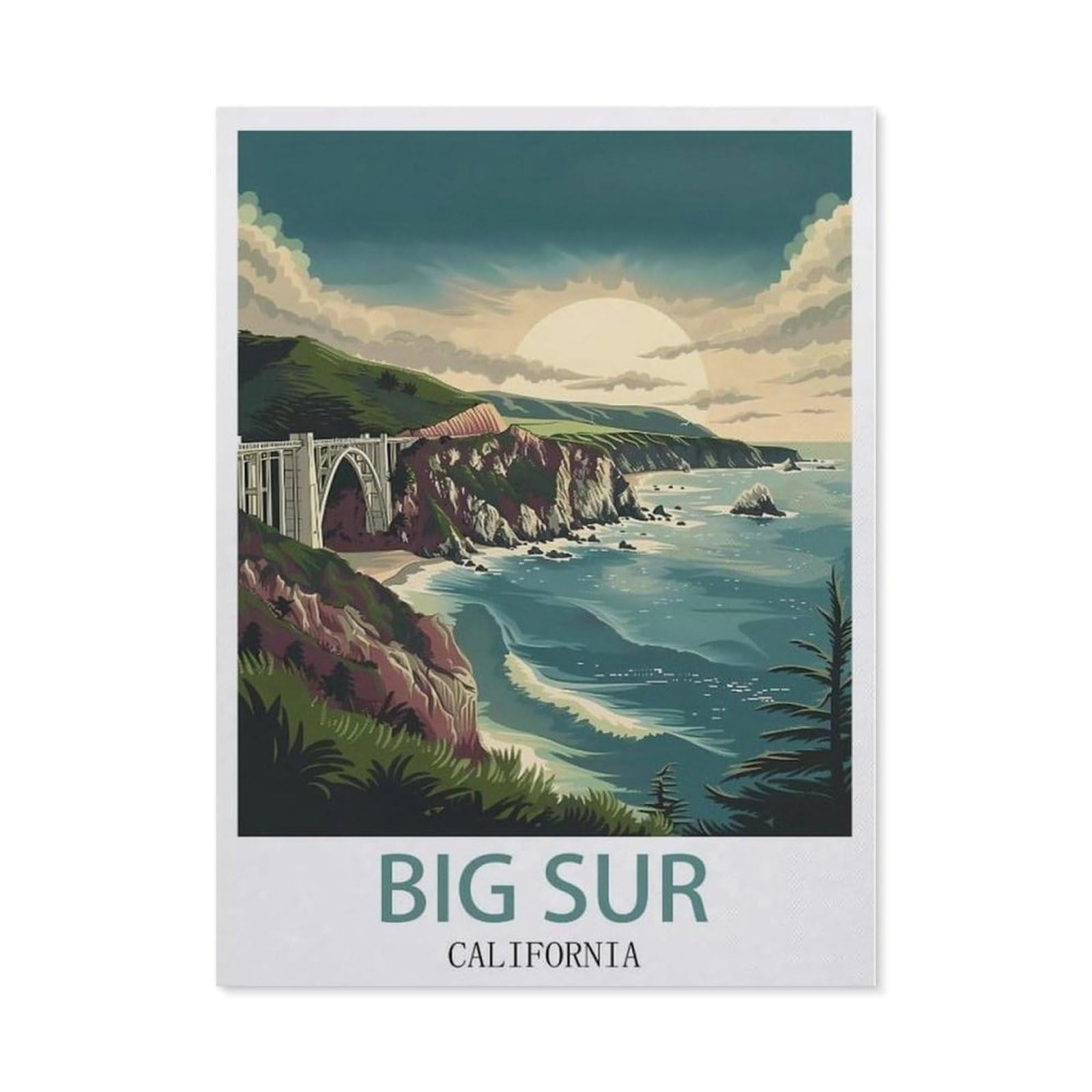 Beayodkp （40 X 50 Cm/15.74 X 19.68 Inches） Diy 5D Diamond Painting Kits，Big Sur California Vintage Travel Poster，Diamond Painting For Beginner Adults Rhinestone Numbered Diamond Arts Home Wall Decor-Ch37