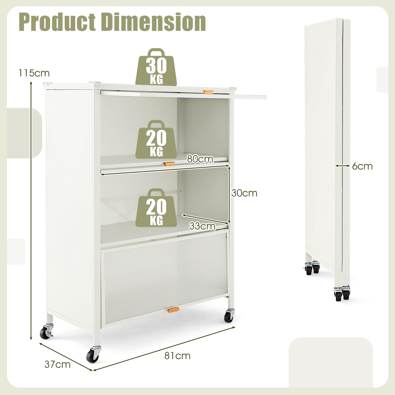 KOMFOTTEU Küchenregal mit 4 Ebenen, Küchenschrank mit 4 Rollen und transparenten Klapptüren, Aufbewahrungsschrank aus Metall mit Kippsicherung für Esszimmer, 81 x 37 x 115 cm