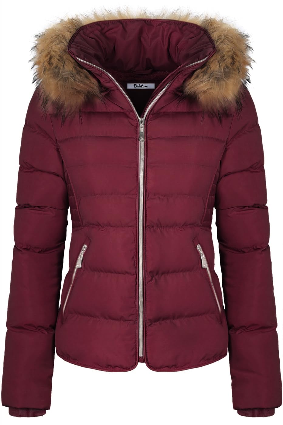BodiLove Women's Winter Quilted Puffer Short Coat Jacket with Removable Faux Fur Hood and Zipper Burgundy M