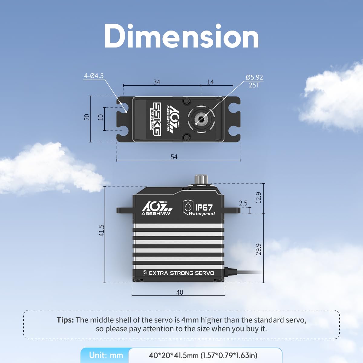 AGFRC 55KG Digital-Steering-Servo High-Torque Waterproof - Programmable Metal Gear Brushless Servo for 1/8 RC Models, Control Angle 180°(A86BHMW)