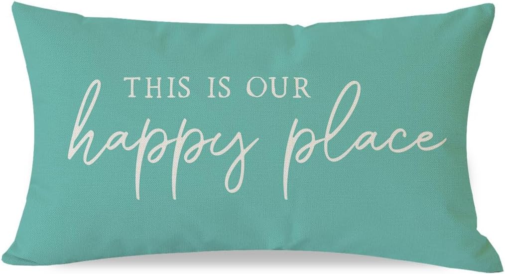 PANDICORN This is Our Happy Place Throw Pillow Cover 12x20 Inch Modern Farmhouse Turquoise Outdoor Spring Summer Beach Decorations Lumbar Decorative Pillow Case for Living Room Bedroom Couch Decor