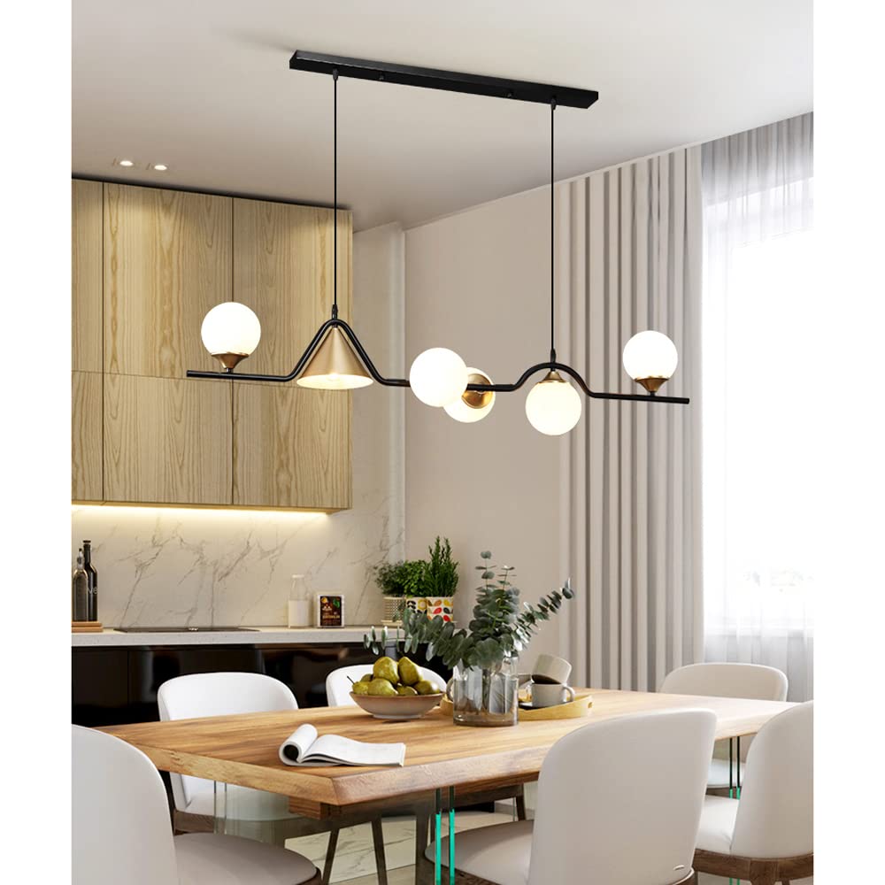 Lampadario lineare a 6 luci, lampade a sospensione con paralume in vetro, apparecchi di illuminazione a soffitto in stile metà secolo Lampada a sospensione per sala da pranzo Isola della cucina