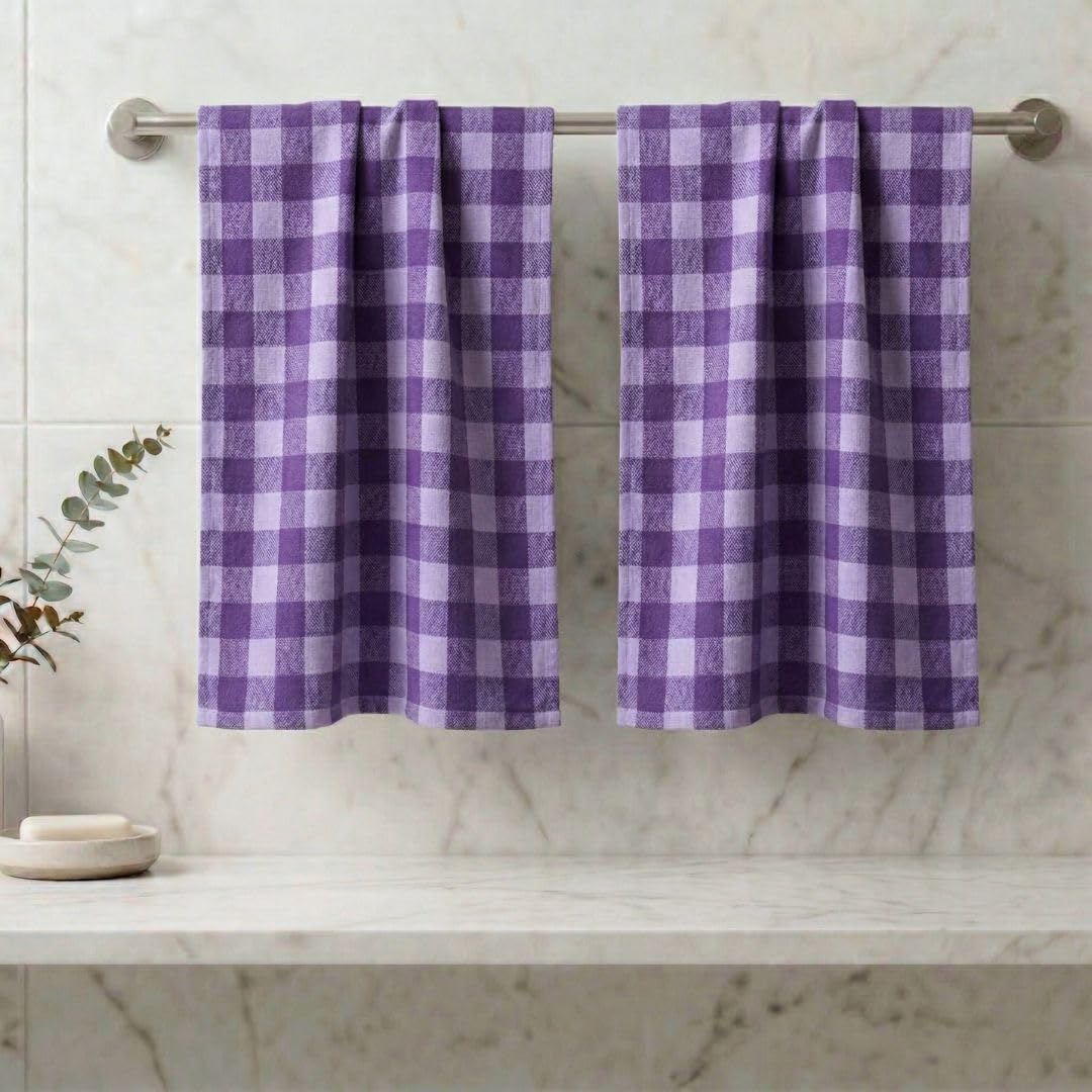 Athom Living Ecosaviour Premium Cotton Bath Towel Purple Big Checks (Pack of 2)