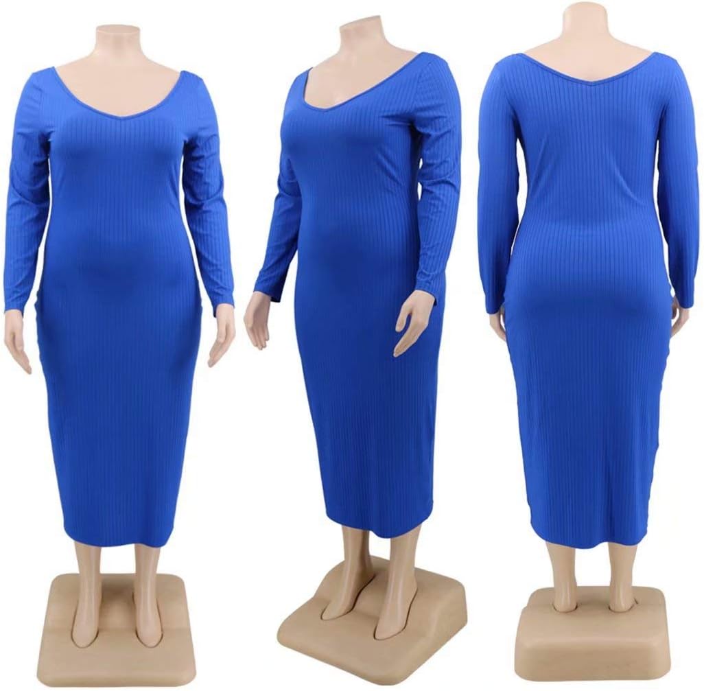Women's Plus Size Sexy Stretchable Long Sleeve Maxi Sweater Off Shoulder Knit Slim Fit Dress - Image 6