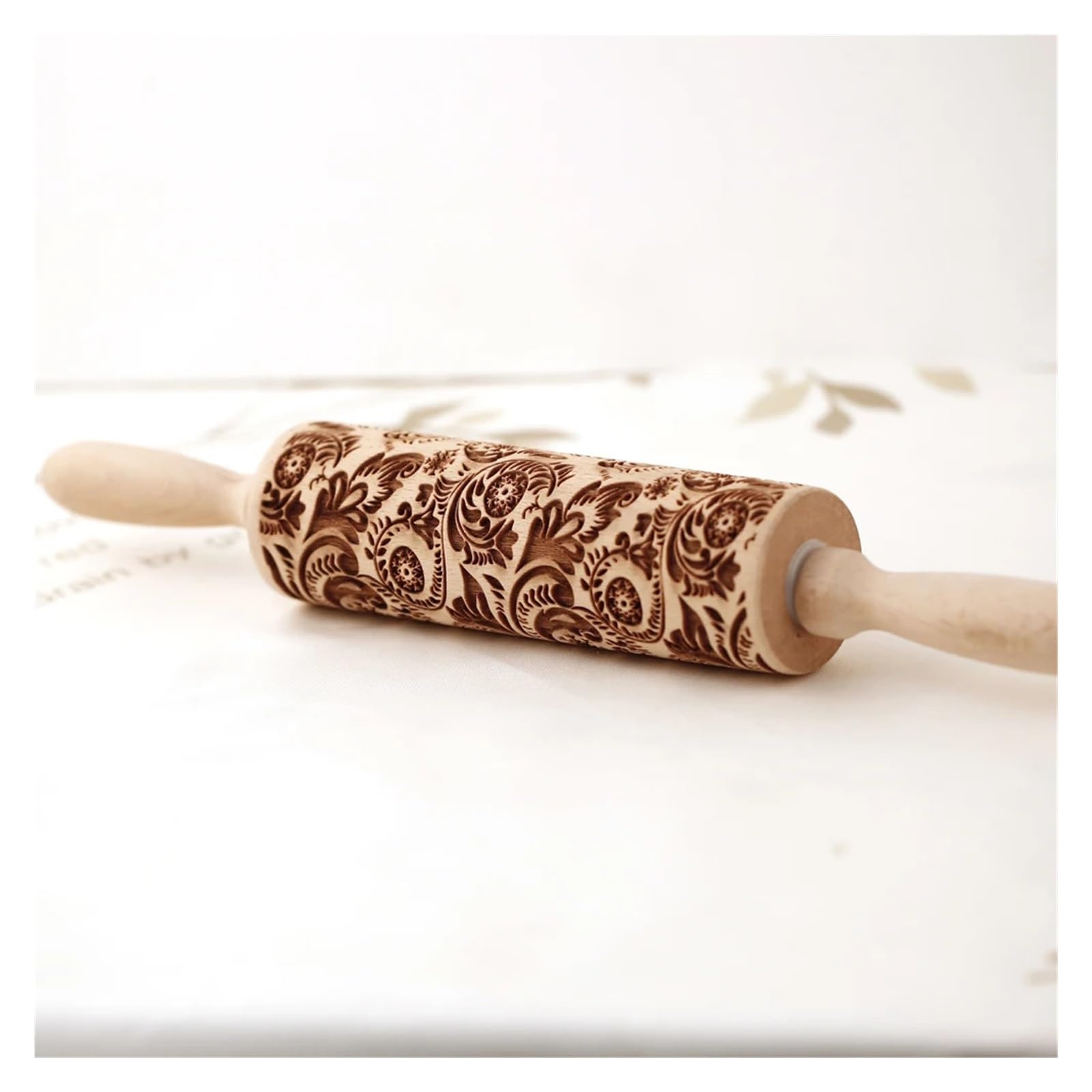 Rodillo de Madera con Grabado Profundo for Hornear Galletas, diseño Retro de Flores, 35 x 4,5 cm, Molde 3D Grabado. Rodillo para Masa Madera(Color 1)