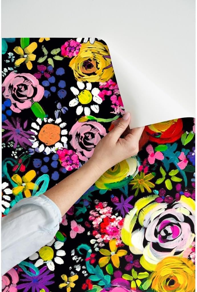Peel & Stick Wallpaper 3ft x 2ft - Bright Floral Painting Colorful Florals with Black Backg Neon Summer Flower Custom Removable Wallpaper by Spoonflower