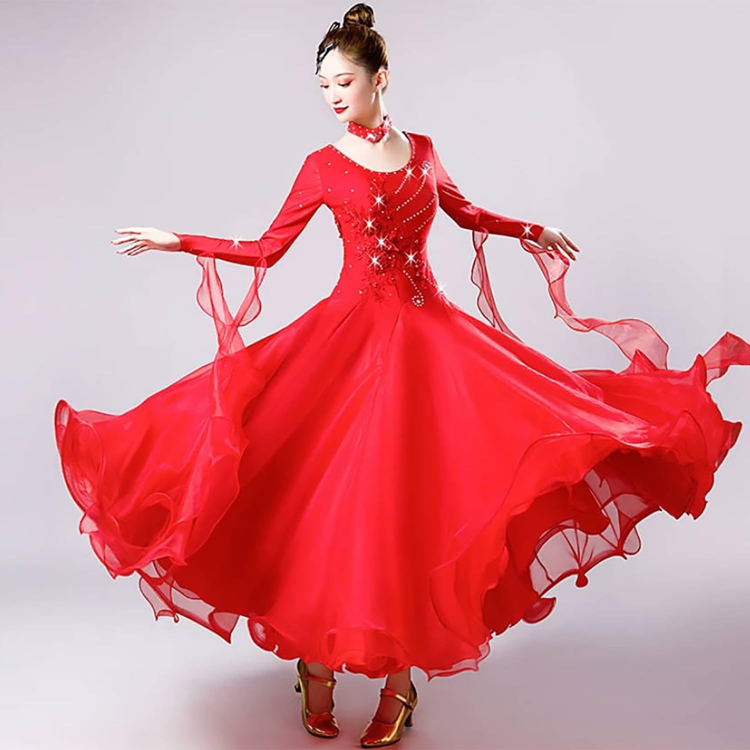 Vestito Danza Standard Nazionale da Salone per Adulti Abiti Flamenco Gonna Ampia A Grande Volant
