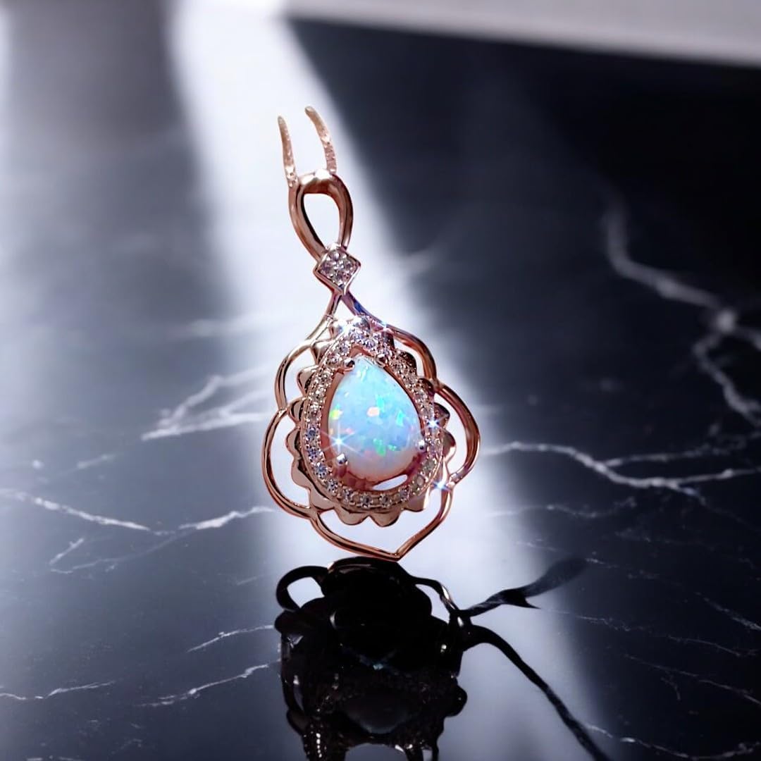 Large Opal Necklace - Rose Gold @ 925 Sterling Silver Flower Leaf Pearl White Fire Opal Jewelry - Teardrop Opal Pendant 16"~20" adjustable Chain