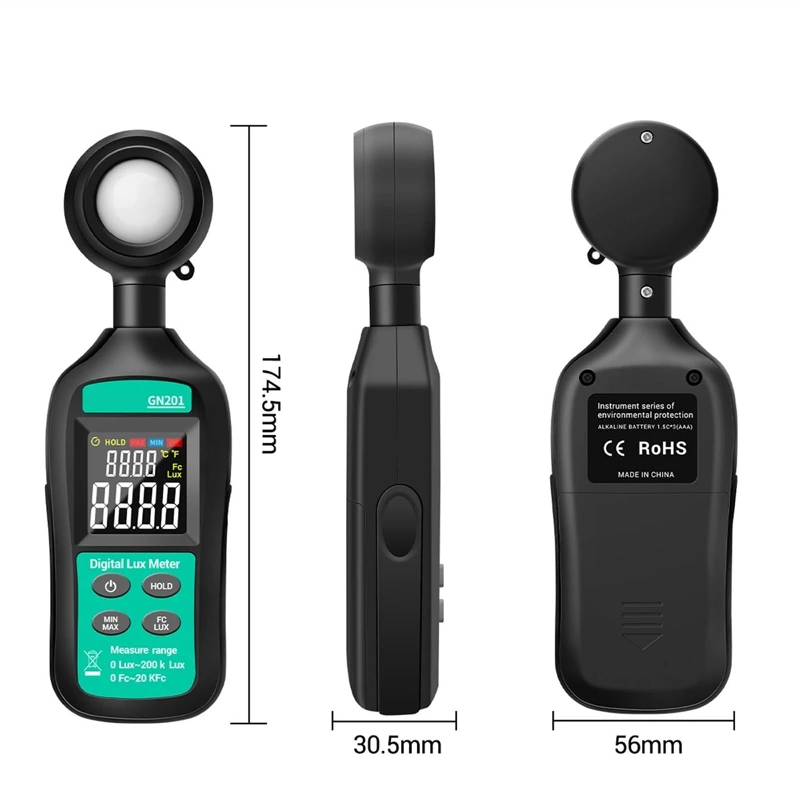 Fotómetro Medidor de luz Digital GN201, medidor de Lux, fotómetro de 200K, medidor Ultravioleta, radiómetro UV, iluminómetro de Mano, fotómetro