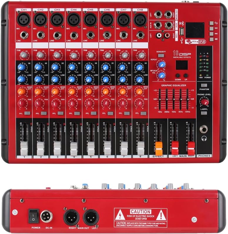 MR800 Red 8 Microphone Channel Bluetooth Audio Mixer XLR 8-Input Gain 16 DSP USB Musich EQ 48V AUX Mixing Console Stage