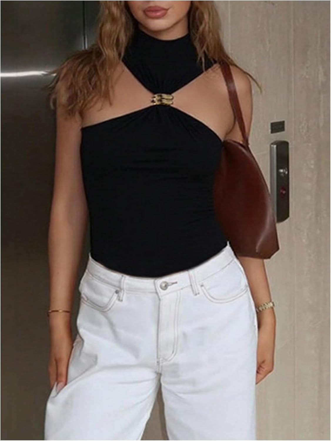 SweatyRocks Women's Ruched Twist Front High Neck Tank Tops Slim Fit Sleeveless Going Out Top - Image 5