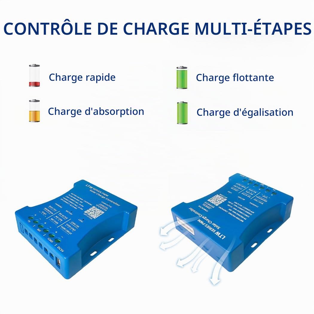 Y&H Régulateur de charge solaire Bluetooth 30A 12V 24V Contrôleur de charge solaire intelligent PWM avec port USB PV:50V-80V pour Batterie al piombo/litio (30A-WIFI)
