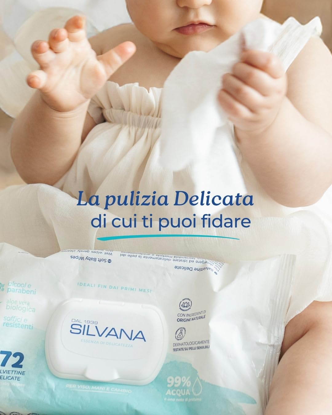 Silvana Salviettine Delicate per neonati e bambini – 99% Acqua– Pelli Sensibili – Senza Alcol (24 confezioni da 72)