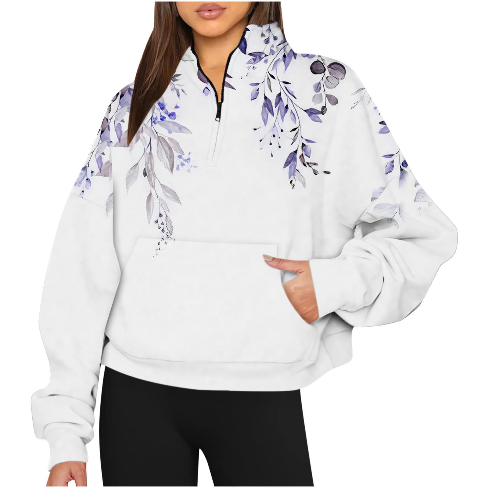 Womens Cropped Sweatshirts Pullover Long Sleeve 2023 Fall Fashion Clothes Floral Half Zip Trendy Outfits with Pockets