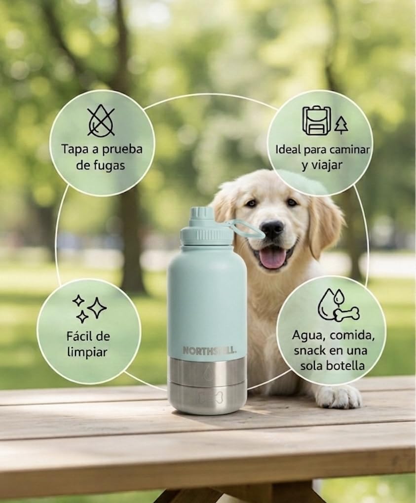 Bottiglia 3 in 1 per Cani e Animali Domestici, Bottiglia d'Acqua con 2 Contenitori per Cibo e Abbeveratoio Portabile, senza BPA, Antigoccia, Ideale per Passeggiate, Viaggi ed Escursioni (Celeste)