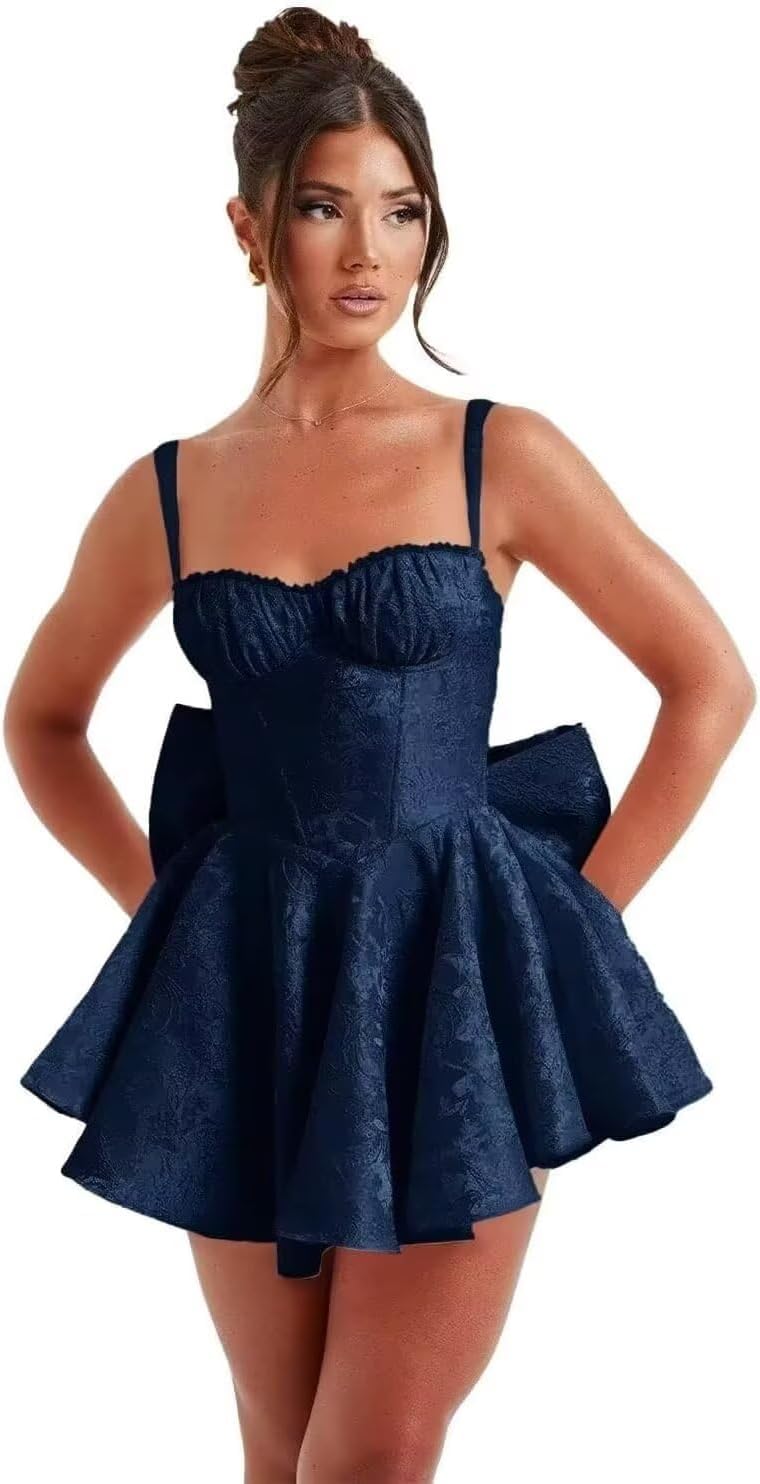 Spaghetti Straps Short Homecoming Dress for Teens 2025 A Line Satin Formal Prom Corset Cocktail Dress with Bow
