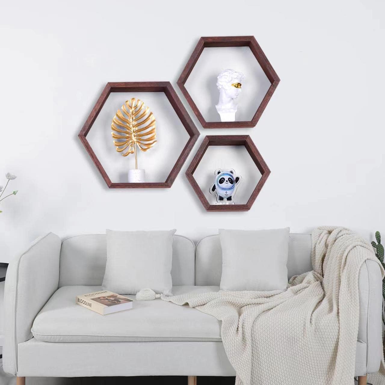 PHOENANCEE Hexagon Floating Shelves,Honeycomb Shelf Set of 3,Wood Farmhouse Hexagonal Decor Wall Storage for Living Room Bedroom Kitchen Office(Walnut)