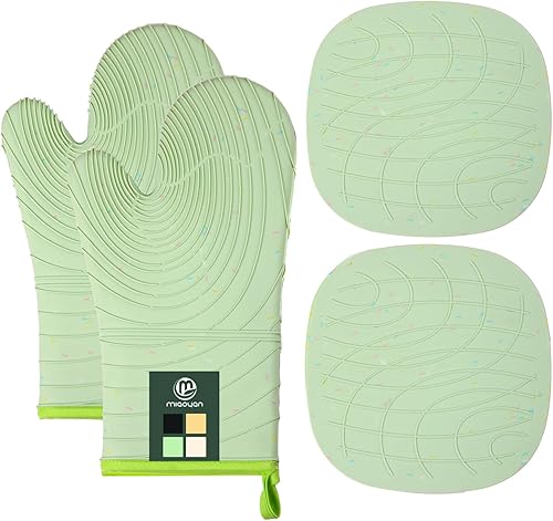 Miniatura 6 de 4 guantes de silicona para horno y soportes para ollas, resistentes al calor hasta 500 F, textura antideslizante, silicona transparente, esencial