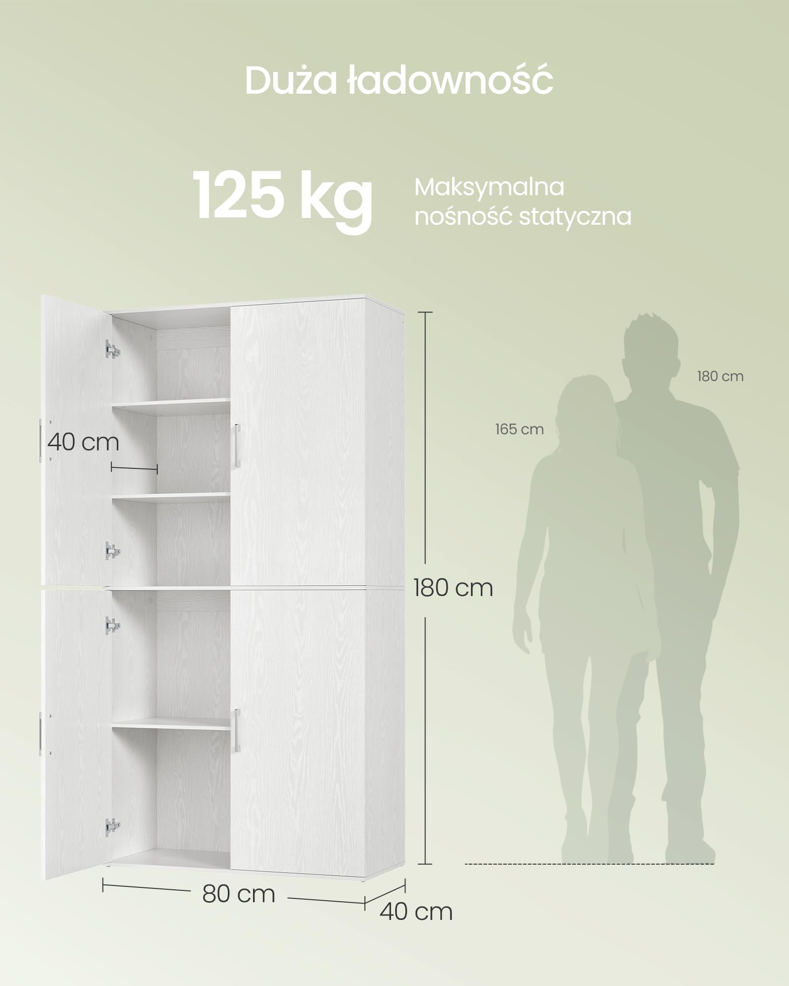 SONGMICS OFC083WE01 szafa wielofunkcyjna, z 4 drzwiami, 5 półek, szafa do przechowywania, szafa na ubrania, z uchwytami, drewniana płyta wiórowa, 80 x 40 x 180 cm, śnieżnobiała