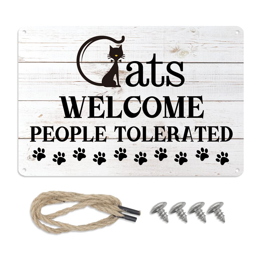 Maoerzai Cats Welcome People Tolerated Sign, Funny Cats Welcome Sign Wall Art, Cat Decor Metal Tin Sign for Home Decor Cat Lover Wall Decor 12 X 8 Inch. (12 X 8 inch, White - Cats Welcome Sign)