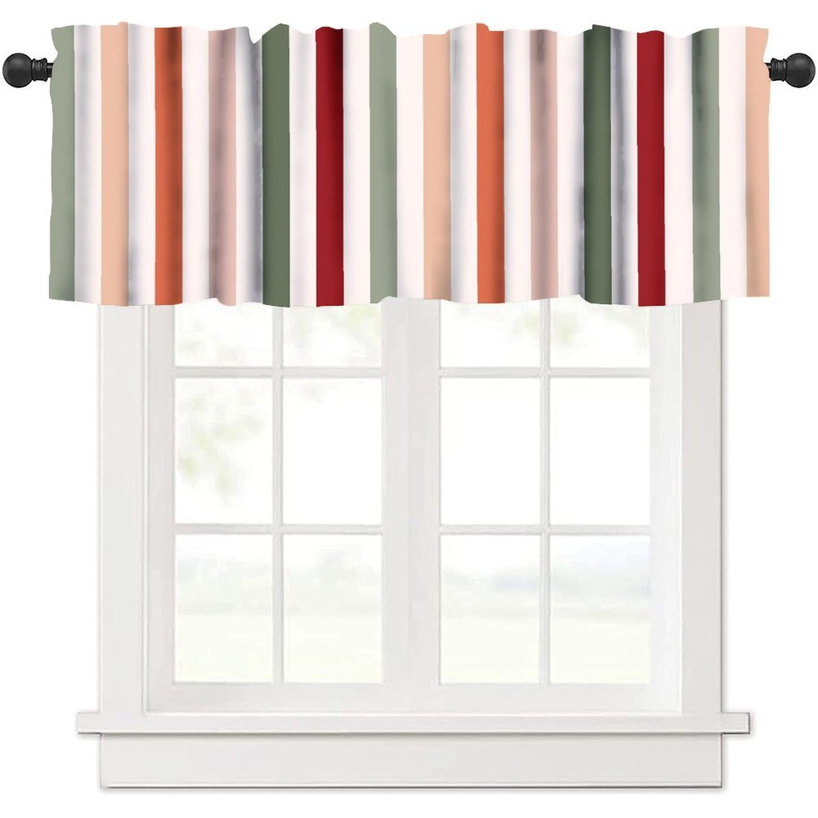 moderw Vintage Striped Window Valance Curtains, Classic Red Green Vertical Stripes Abstract Geometric Boho Art Parallel Simple Lines Valance Curtain for Living Room Kitchen 54x18inch