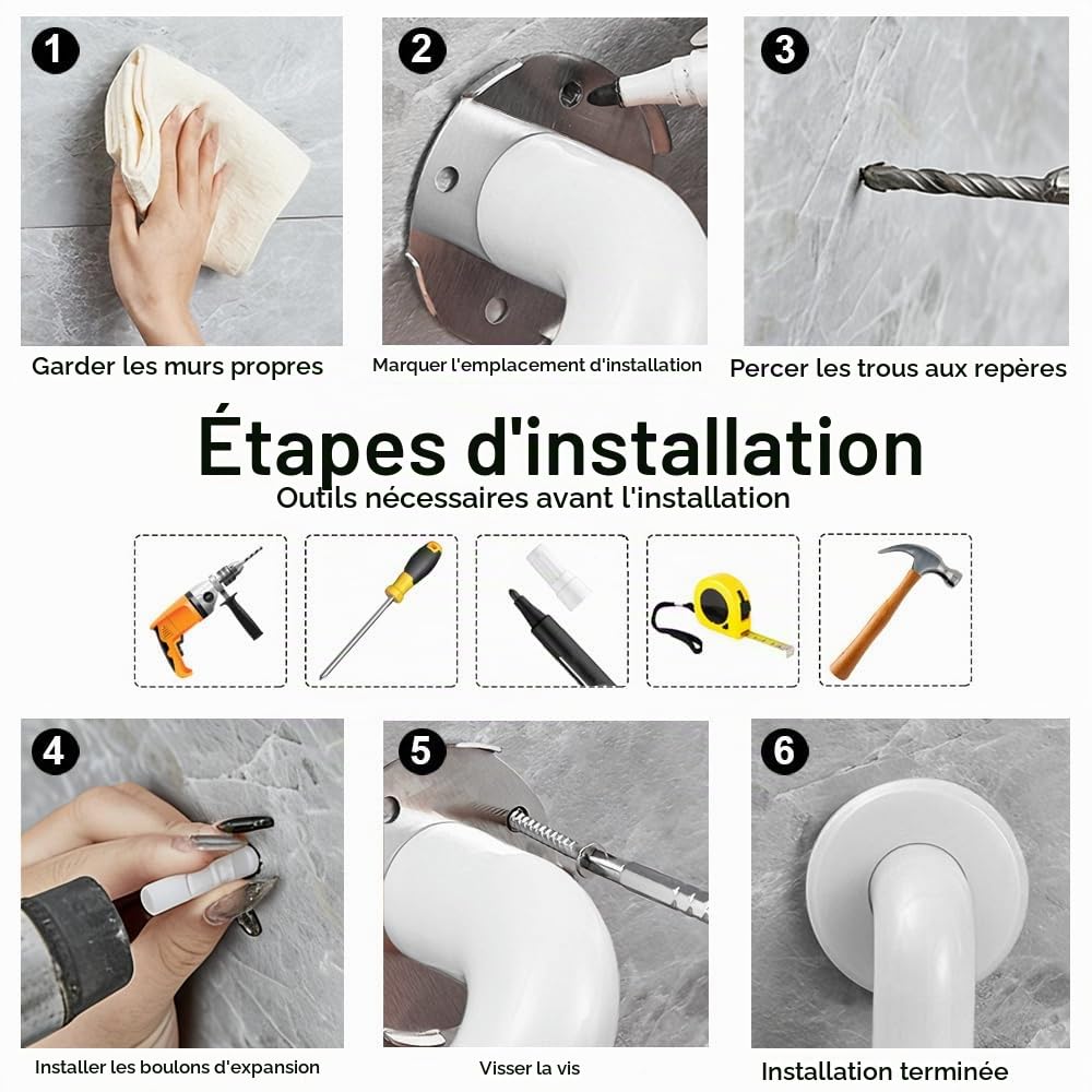 Poignée de Baignoire de Sécurité,Barre de Maintien Douche 60cm,Barre d'appui Salle de Bain,Murale Inox 304 Anti-dérapante Barre d'appui WC/Douche pour Personnes,Âgées et Handicapées,Blanc