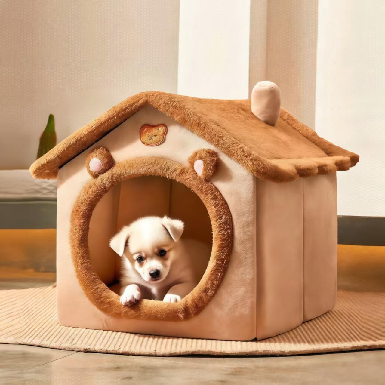 Dog&Cat House Dog&Cat Bed with Cover Cave with Non-Slip Bottom. (Brown Bear, Large) Brown Bear Large