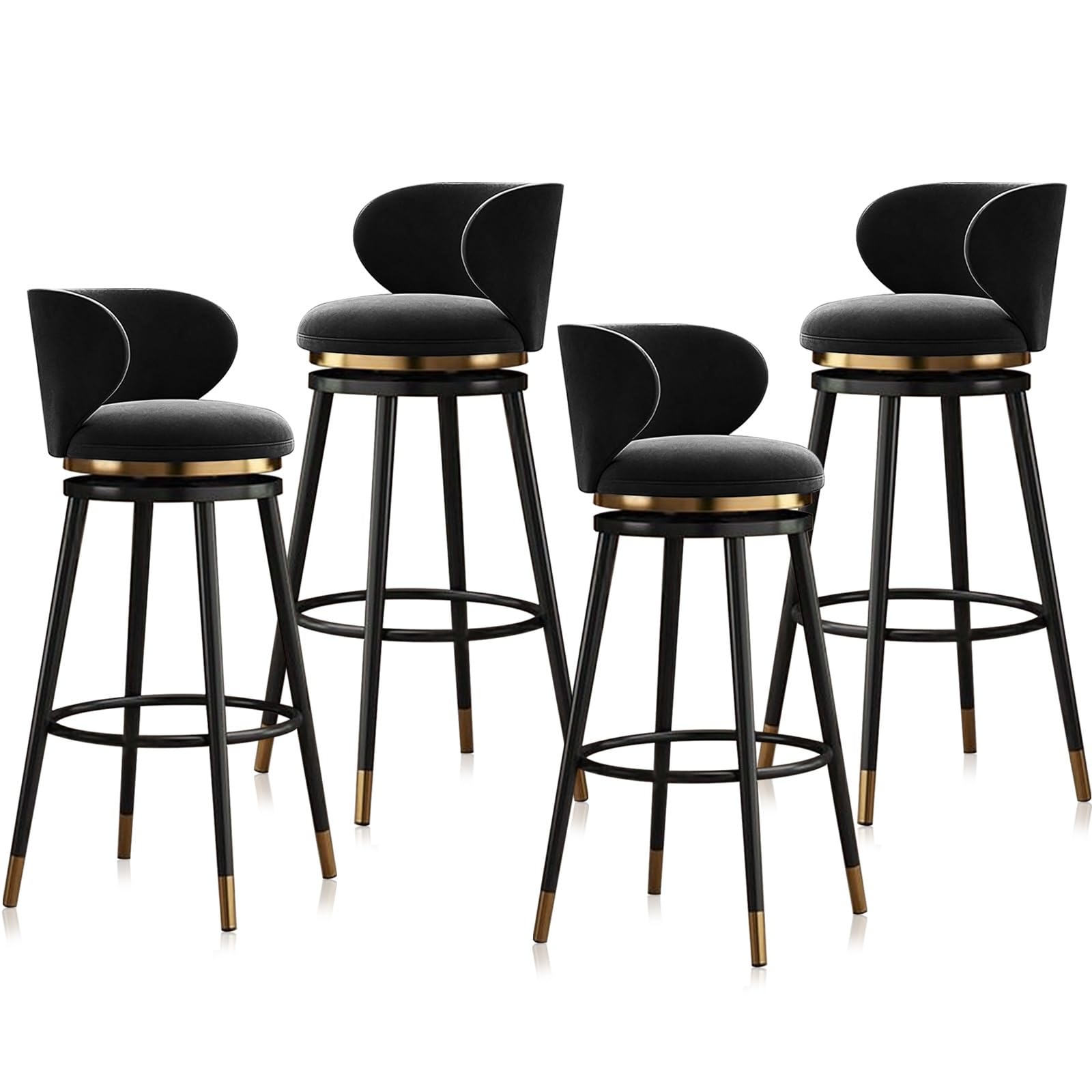 Set di 4 sgabelli da bar girevoli imbottiti in velluto con schienale, seggioloni da cucina, gambe in metallo, 75 cm / 29.5in, decorazione per la casa Slish (nero)
