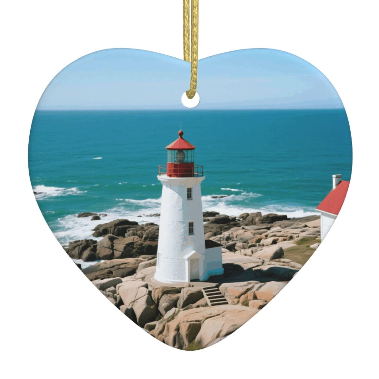 Lighthouse Christmas Ornament 2025 Heart Ceramic Hanging Ornaments for Home Decor Christmas Decorations with Gold Rope Double-Sided Xmas Tree Ceramic Hanging for Holiday Party