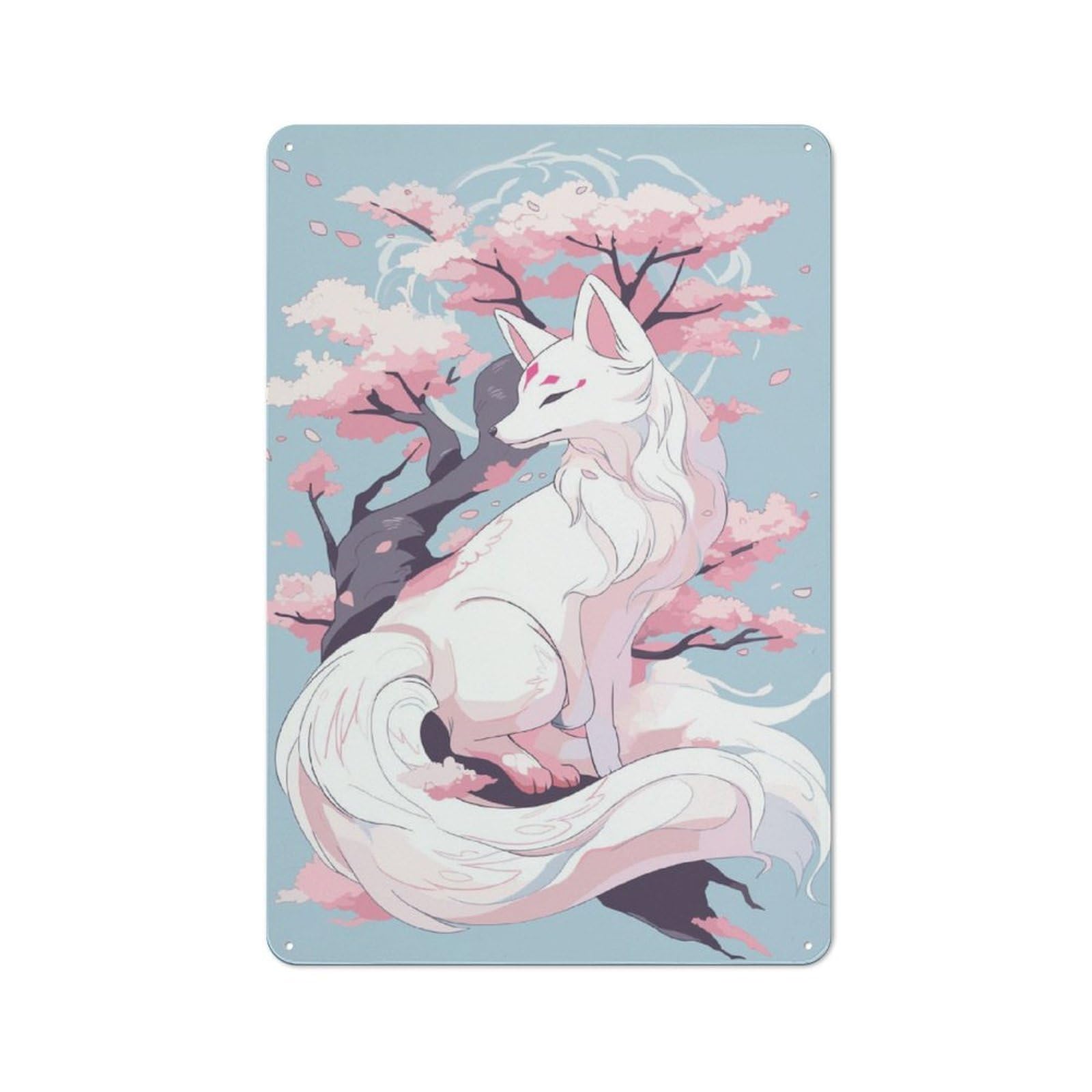 Junmoney White Kitsune Sakura Tree Metal Sign 30X20cm With For Garage Wall, Vintage Decor, Tin Sign Wall Decor For Garages And Workshops