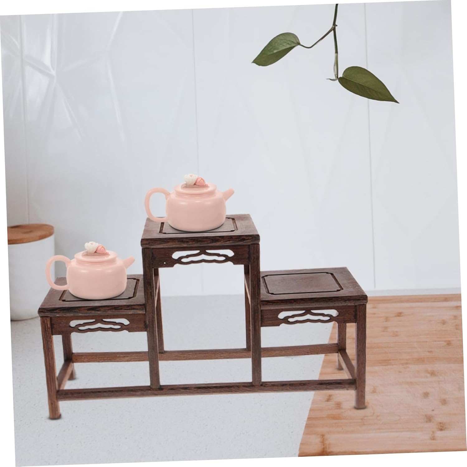 VOSAREA Wooden Display Stand for Teapots and Collectibles Solid Wood Tea Shelf Antique Design Multi-purpose Home Decor and Storage for Displays