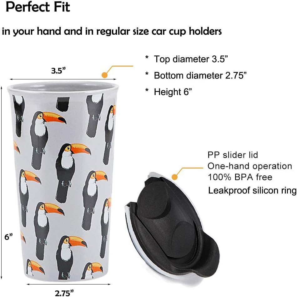 KARALIN Ceramic Travel Coffe Mug Double Walled Cup Splash Proof Mug Lid 12 oz (Woodpecker)