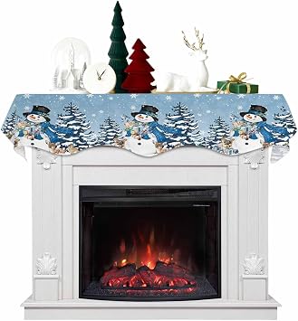 Blue Snowman Christmas Mantel Scarf for Fireplace Decorations, Xmas Snowflake Gifts Fireplace Mantel Scarves Mantel Dresser Cover Runner for Christmas Festive Party Home Decor, Winter Elk 90"x17"