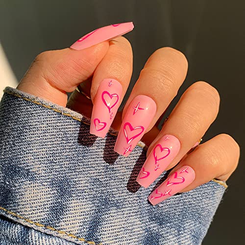 Cute Press on Nails Medium Length Coffin Pink Heart Fake Nails False with with Glue Nails Tips Design Full Cover Acrylic Fake Nails kit for Women and Girls 24Pcs
