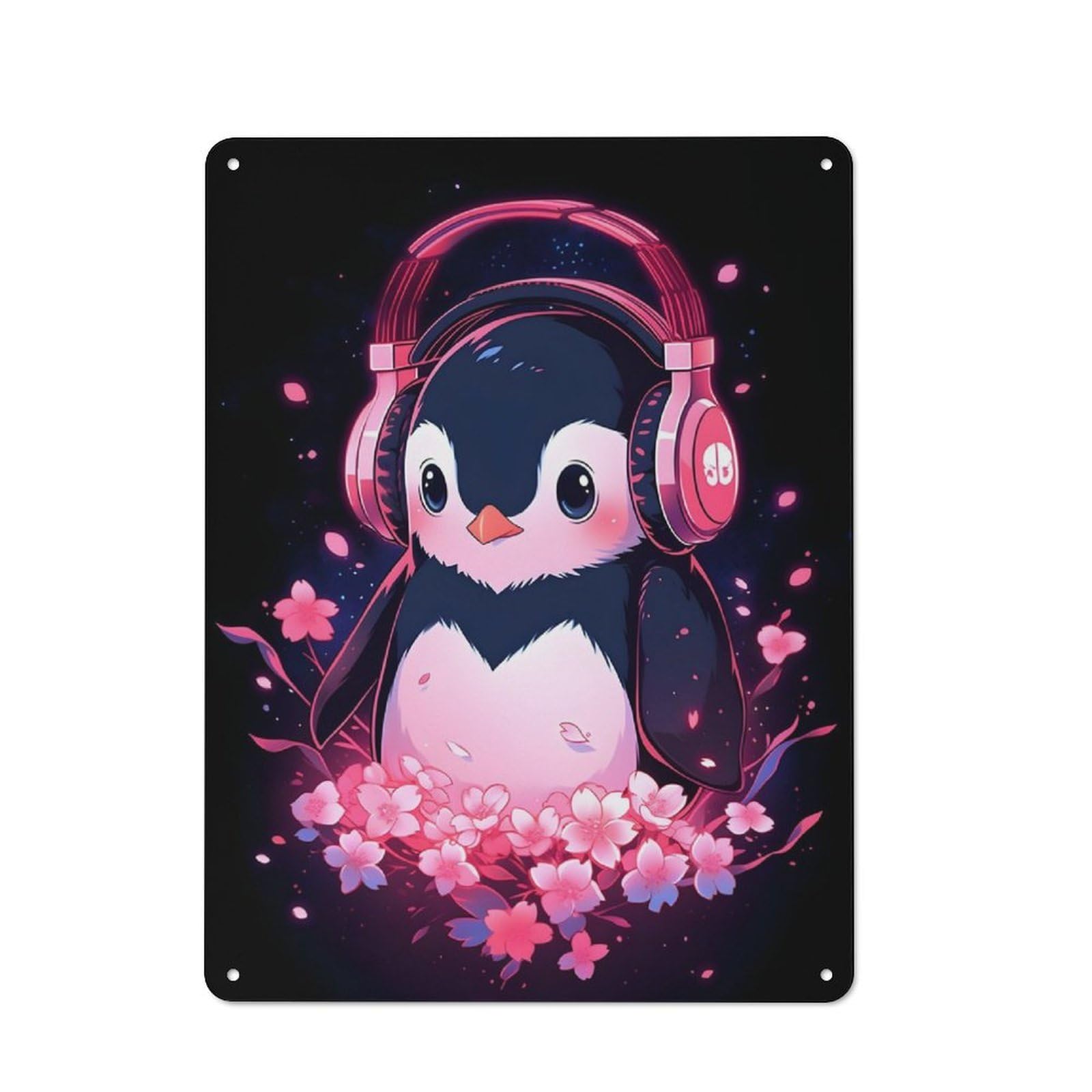 Junmoney Penguin Pink Headphones Shop Front Style Metal Wall Decor 40X30cm, Vintage Metal Sign For Tea Room, Shop Wall Or Breakfast Area