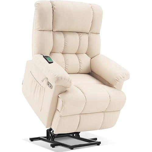 MCombo Electric Power Lift Recliner Chair with Massage and Heat, Adjustable Headrest & Extended Footrest for Elderly People, 3 Positions, USB Ports, 2 Side Pockets, Faux Leather 7533 (Cream White)