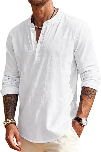 Mens Linen Shirts Henley T-Shirts Long Sleeve Casual Beach T-Shirts Solid Tops Shirts for Men