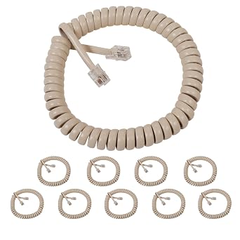 ICC Telephone Handset Cord/Phone Cord, 6 Ft RJ9 RJ22 Connectors, Ivory, 10-Pack Curly Coiled Tangle-Free Design for PBX & VoIP Phones