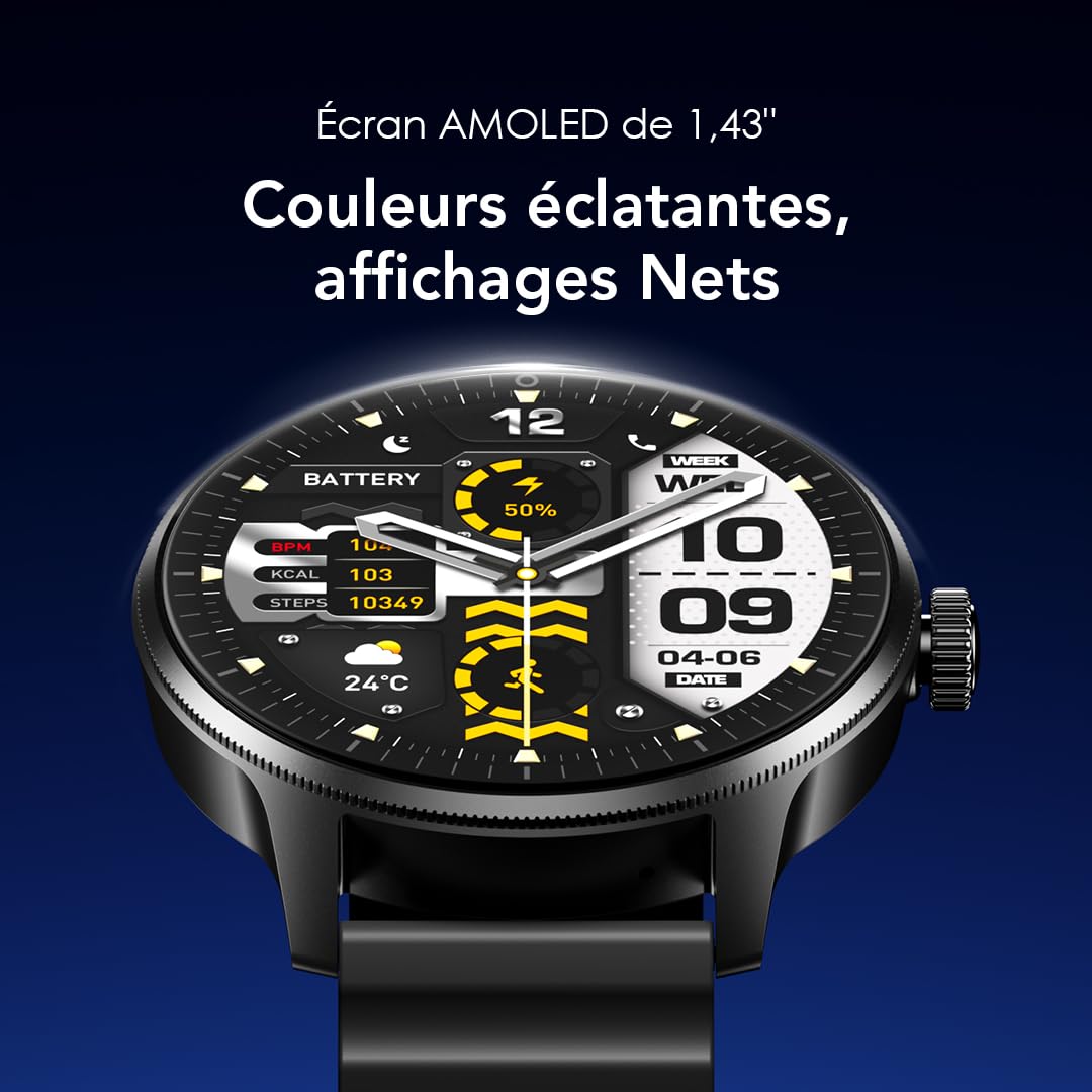 oraimo Montre Connectée Écran AMOLED 1,43 Pouce Appels Bluetooth 5.3 Batterie 11 Jours Suivi Rythme Cardiaque SpO2 Étanche IP68 Mode Sport Homme Femme Notification Android 6.0 iOS 11 Noir
