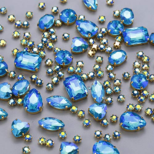 130 pcs (30 Regular +100 Small) Mixed Sew on Rhinestone Claw Crystal Rhinestones for DIY Craft, Jewelry Making,Clothing Accessory (Copper, Gold Claw - Lake Blue AB)