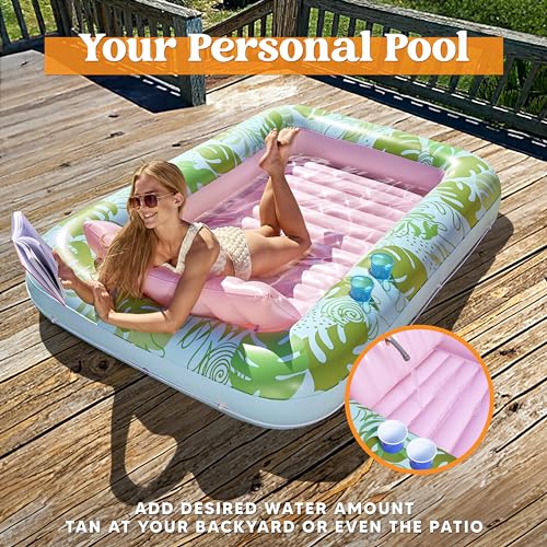 Sloosh XL Inflatable Tanning Pool Lounger Float for Adults, 85" x 57" Extra Large Suntan Tub Pool Floats Sun Tan Tub Ice Bath Tub Tanning Bed Blow up Pool Raft Lounge Floatie, XL-Cyan Pink - 5